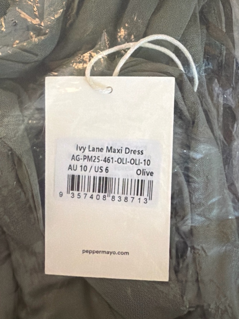 NWT Peppermayo Olive Green Off-Shoulder Halter Ruched Mesh Maxi Dress 6 - Picture 7 of 7
